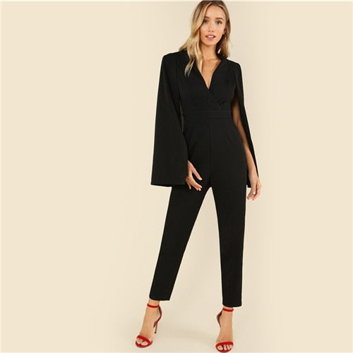 Wrap Plunging V Neck Cloak Long Sleeve Solid High Waist Maxi Jumpsuit