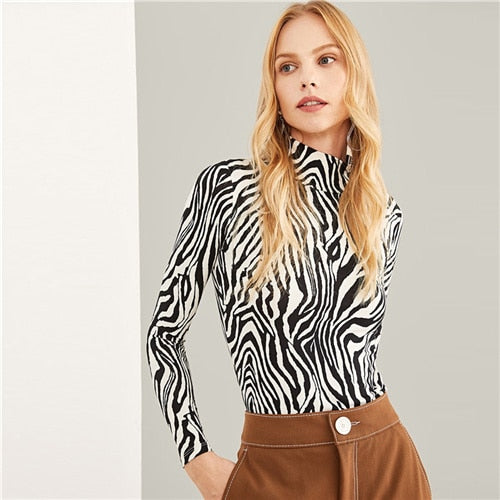 High Neck Zebra Print Pullovers Long Sleeve Top