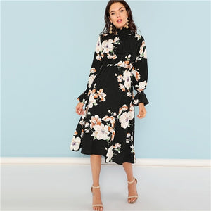 Print Mock Neck Pleated Panel Floral Dress