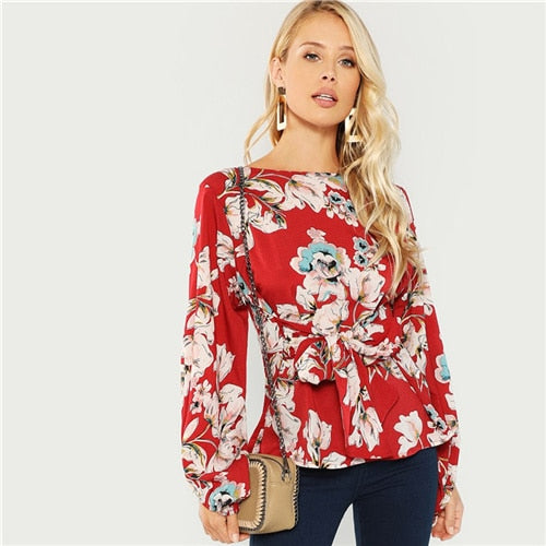 Floral Print Blouse Round Neck Long Sleeve Blouse