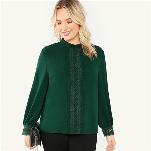 Plus Size Green Stand Collar Lace Applique Solid Blouse