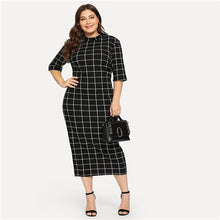 Load image into Gallery viewer, Plus Size Long Pencil Stand Collar Grid Print Slim Fit Dress