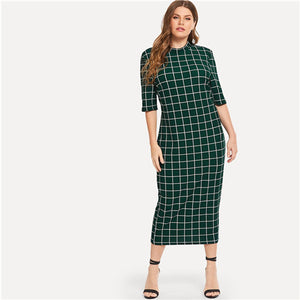 Plus Size Long Pencil Stand Collar Grid Print Slim Fit Dress