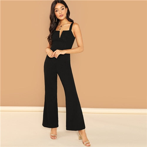 Backless Solid V Notch Front Flare Leg Mid Waist Sleeveless Jumpsuit