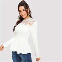 Load image into Gallery viewer, Stand Collar Long Sleeve Lace Mesh Insert Peplum Top