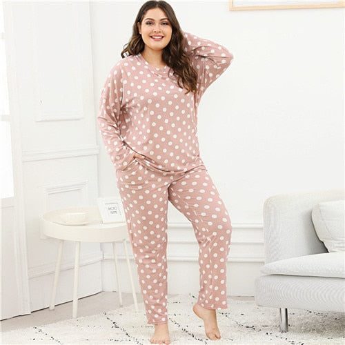 Plus Size Polka Dot Pink Pajama Set Nightwear Suits