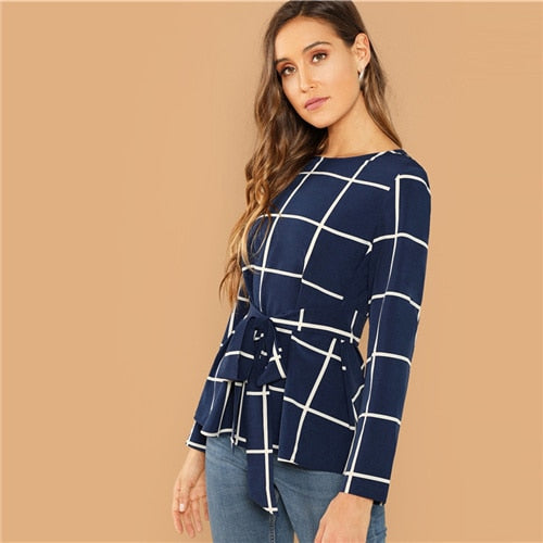 Self Belted Grid Round Neck Long Sleeve Plaid Pullovers Top