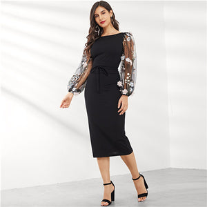 Applique Embroidered Mesh Sleeve Pencil Dress