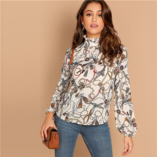 Multicol Mock Neck Chain Print Stand Collar Long Sleeve Top