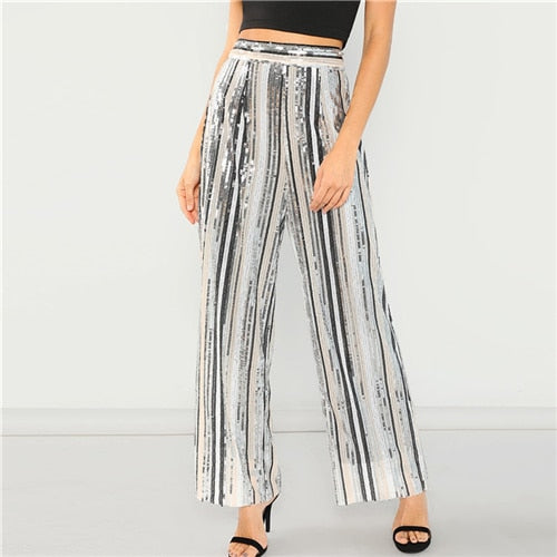 Striped Embroidery Sequin Pants