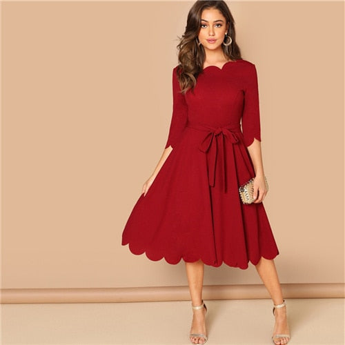 Belted Scallop Edge Round Neck 3/4 Sleeve Fit And Flare Dress
