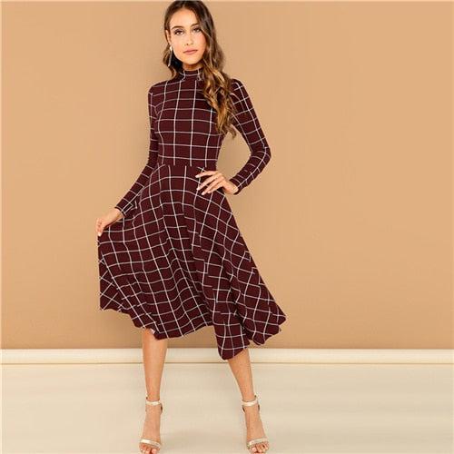 Plaid Print High Neck Fit And Flare Long Sleeve Dress