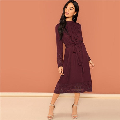 Belted Pleated Ruffle Trim Contrast Lace Long Sleeve Dress