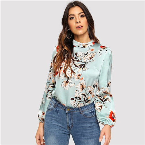 Floral Print Mock-Neck Top Casual Stand Collar Long Sleeve Blouse